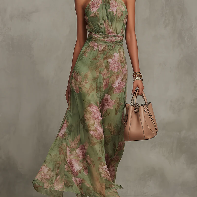 Livia | Elegantna Maxi Halter Haljina sa Cvećem